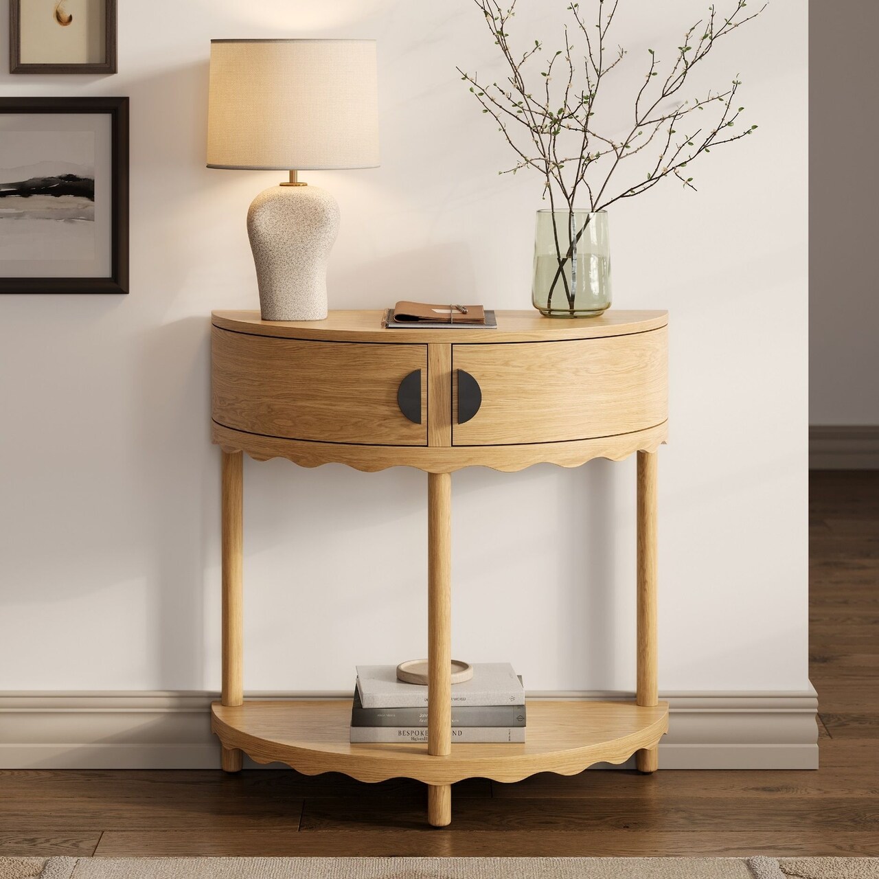 Scalloped Skirt Half Moon Console Table - Small Entry Desk with Storage for Narrow Spaces - Modern Home Decor - Living Room Furniture - Solid Wood Entryway Table with Two Doors (Natural Oak)
